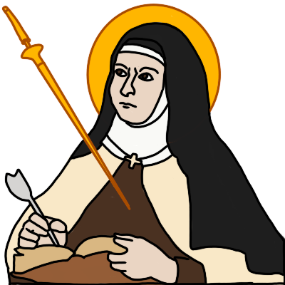 St Teresa of Ávila, based on Peter Paul Rubens painting of her, but with a golden halo and a golden lance striking her heart as she describes in one of her visions. She is a pale-skinned woman writing in a book with a quill, wearing a historical carmelite habit